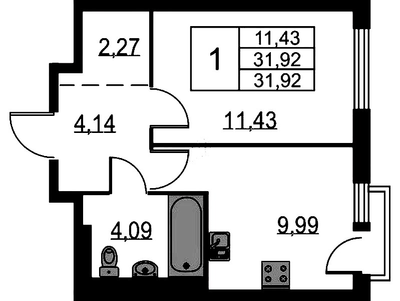 1-комнатная квартира 31.92 м², 5/12 эт., ЖК «Невская Долина»